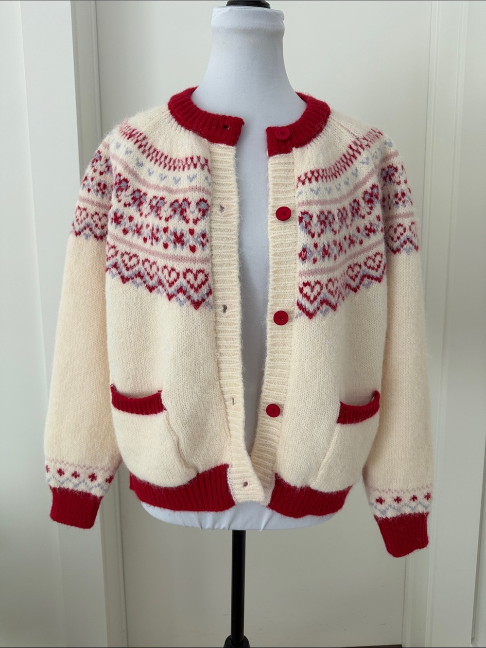 FAIR ISLE  Hearts Bows Cardigan Sweater Fuzzy Soft Cozy Pockets Nordic Soft Girl - Picture 8 of 17